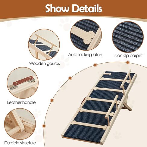 منحدر قابل للتعديل للكلاب الأليفة للسرير - سلالم منحدر للكلاب/الحيوانات الأليفة مقاس 47.2 بوصة للأسرة العالية مقاس 30 بوصة - 6 قابلة للتعديل من 15.7 بوصة إلى 28 بوصة - منحدر خشبي قابل للطي للأرائك والسيارات للكلاب الكبيرة التي يصل وزنها إلى 200 رطل in Kuwait