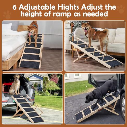 منحدر قابل للتعديل للكلاب الأليفة للسرير - سلالم منحدر للكلاب/الحيوانات الأليفة مقاس 47.2 بوصة للأسرة العالية مقاس 30 بوصة - 6 قابلة للتعديل من 15.7 بوصة إلى 28 بوصة - منحدر خشبي قابل للطي للأرائك والسيارات للكلاب الكبيرة التي يصل وزنها إلى 200 رطل in Kuwait
