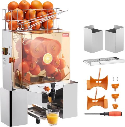VEVOR Commercial Orange Juicer Machine, 120W Automatic Juice Extractor with Water Tap, Stainless Steel Orange Squeezer 20 Oranges/Minute, with Pull-Out Filter Box, PC Cover, 2 Peel Collecting Buckets in Saudi Arabia