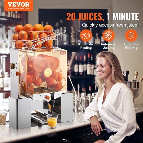 VEVOR Commercial Orange Juicer Machine, 120W Automatic Juice Extractor with Water Tap, Stainless Steel Orange Squeezer 20 Oranges/Minute, with Pull-Out Filter Box, PC Cover, 2 Peel Collecting Buckets in Saudi Arabia