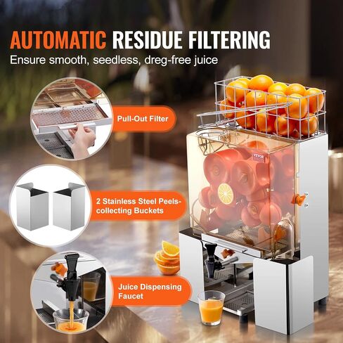 VEVOR Commercial Orange Juicer Machine, 120W Automatic Juice Extractor with Water Tap, Stainless Steel Orange Squeezer 20 Oranges/Minute, with Pull-Out Filter Box, PC Cover, 2 Peel Collecting Buckets in Saudi Arabia
