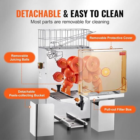 VEVOR Commercial Orange Juicer Machine, 120W Automatic Juice Extractor with Water Tap, Stainless Steel Orange Squeezer 20 Oranges/Minute, with Pull-Out Filter Box, PC Cover, 2 Peel Collecting Buckets in Saudi Arabia