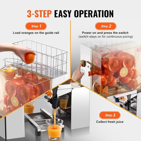 VEVOR Commercial Orange Juicer Machine, 120W Automatic Juice Extractor with Water Tap, Stainless Steel Orange Squeezer 20 Oranges/Minute, with Pull-Out Filter Box, PC Cover, 2 Peel Collecting Buckets in Saudi Arabia