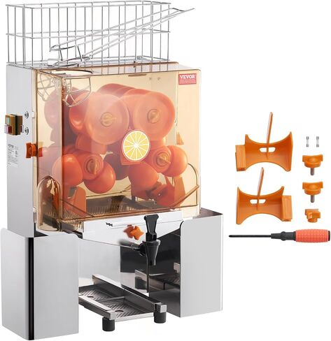VEVOR Commercial Orange Juicer Machine, 120W Automatic Juice Extractor with Water Tap, Stainless Steel Orange Squeezer 20 Oranges/Minute, with Pull-Out Filter Box, PC Cover, 2 Peel Collecting Buckets in Saudi Arabia