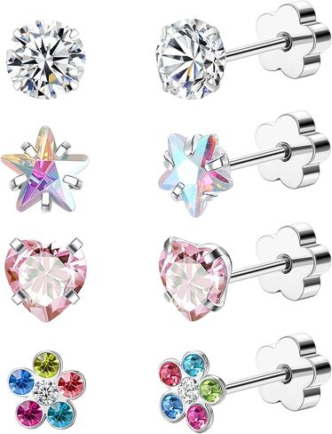 4Pairs Hypoallergenic Flat Back Earrings for Women Stainless Steel Cartilage Earrings Flat Back Heart Star Flower Handmade Screw Back Earrings for Sensitive Skin Nap Earrings Gold StyleB in Saudi Arabia