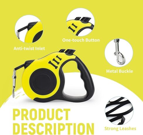 Retractable Dog Leash | Premium 3m and 5m Durable Dog Leash Automatic Retractable Nylon Cat Lead Extension Puppy Walking Running Lead Roulette for Dogs Pet Products (Yellow, 5M) in Saudi Arabia