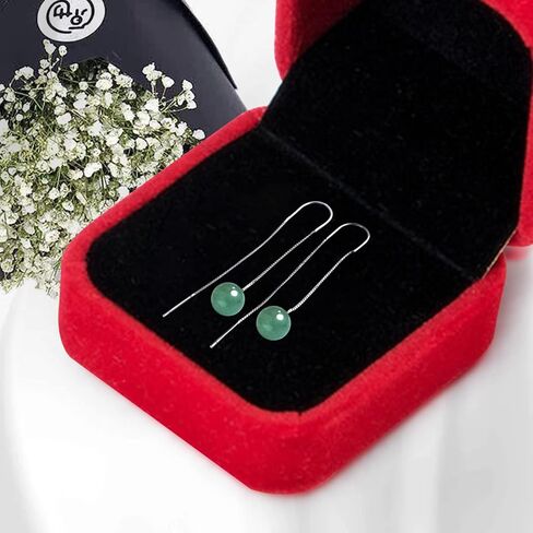 Green Jade Drop Hanging Threader Jewelry for Women,Vintage 925 Sterling Silver Jade Drop Earrings,Good Luck Handmade Dangle Earrings Presents for Birthday Anniversary (Ear hook line) in Saudi Arabia