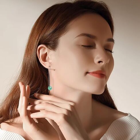 Green Jade Drop Hanging Threader Jewelry for Women,Vintage 925 Sterling Silver Jade Drop Earrings,Good Luck Handmade Dangle Earrings Presents for Birthday Anniversary (Ear hook line) in Saudi Arabia