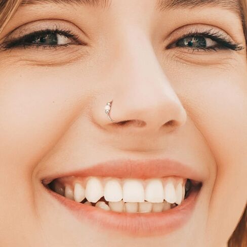 Thin Cute Silver Fake Nose Ring White Opal - 925 Stering Silver faux Opal Nose Hoop - 24 Gauge 7mm Tiny Beaded No Piercing Nose Jewelry in Saudi Arabia