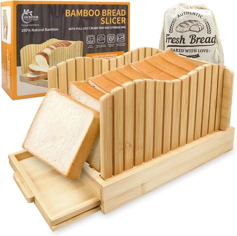 قطاعة خبز الخيزران للخبز المنزلي، دليل تقطيع الخبز بعرض قابل للتعديل، دليل قطع مدمج قابل للطي مع صينية فتات الخبز للكعك محلي الصنع in Kuwait