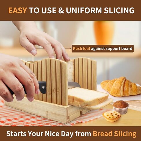 قطاعة خبز الخيزران للخبز المنزلي، دليل تقطيع الخبز بعرض قابل للتعديل، دليل قطع مدمج قابل للطي مع صينية فتات الخبز للكعك محلي الصنع in Kuwait