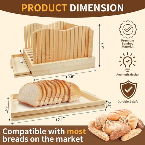 قطاعة خبز الخيزران للخبز المنزلي، دليل تقطيع الخبز بعرض قابل للتعديل، دليل قطع مدمج قابل للطي مع صينية فتات الخبز للكعك محلي الصنع in Kuwait