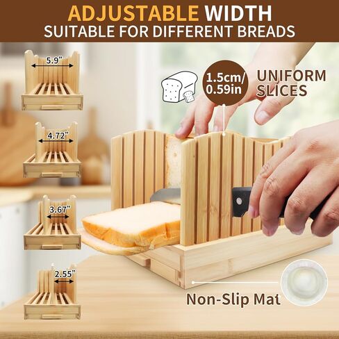 قطاعة خبز الخيزران للخبز المنزلي، دليل تقطيع الخبز بعرض قابل للتعديل، دليل قطع مدمج قابل للطي مع صينية فتات الخبز للكعك محلي الصنع in Kuwait