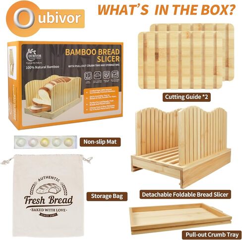 قطاعة خبز الخيزران للخبز المنزلي، دليل تقطيع الخبز بعرض قابل للتعديل، دليل قطع مدمج قابل للطي مع صينية فتات الخبز للكعك محلي الصنع in Kuwait