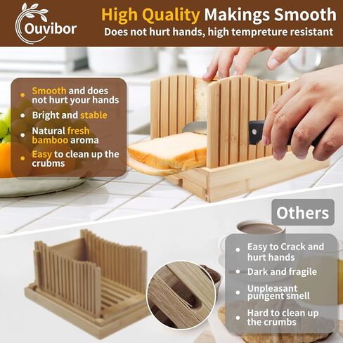 قطاعة خبز الخيزران للخبز المنزلي، دليل تقطيع الخبز بعرض قابل للتعديل، دليل قطع مدمج قابل للطي مع صينية فتات الخبز للكعك محلي الصنع in Kuwait