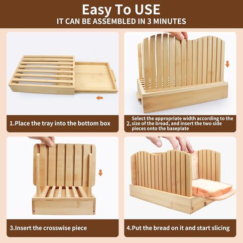 قطاعة خبز الخيزران للخبز المنزلي، دليل تقطيع الخبز بعرض قابل للتعديل، دليل قطع مدمج قابل للطي مع صينية فتات الخبز للكعك محلي الصنع in Kuwait