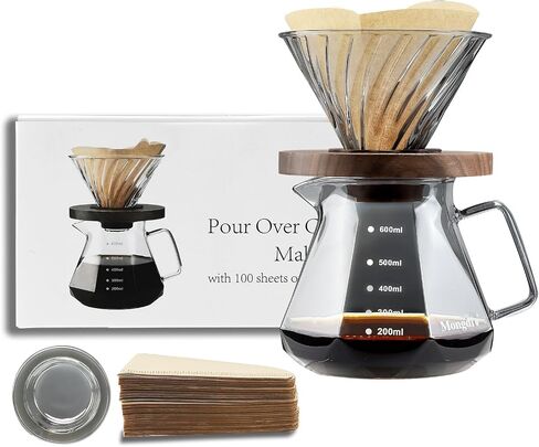 Pour Over Coffee Maker, 20 oz V60 High-Heat Borosilicate Glass Coffee Maker with 100pcs Paper Filters, 5 in 1 Drip Coffee Maker Set for Home Café Restaurant and Camping - 600ml, Gray in Kuwait