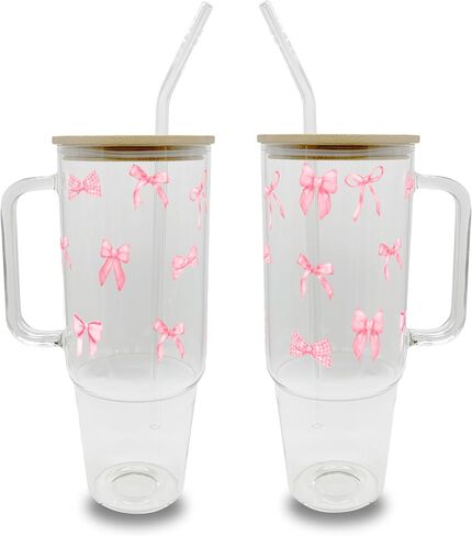 Sip Sip Hooray Coquette Bows and Cherries Pink Bow 40oz Cup, Coquette Tumbler Cute Bow Glass, Trendy Aesthetic Iced Coffee Glass, Glass 40oz Tumbler, Pink Gifts in Saudi Arabia