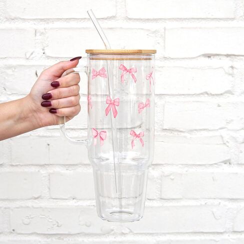 Sip Sip Hooray Coquette Bows and Cherries Pink Bow 40oz Cup, Coquette Tumbler Cute Bow Glass, Trendy Aesthetic Iced Coffee Glass, Glass 40oz Tumbler, Pink Gifts in Saudi Arabia