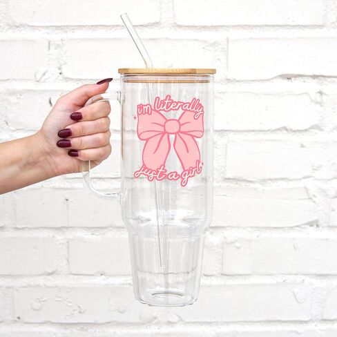 Sip Sip Hooray Coquette Bows and Cherries Pink Bow 40oz Cup, Coquette Tumbler Cute Bow Glass, Trendy Aesthetic Iced Coffee Glass, Glass 40oz Tumbler, Pink Gifts in Saudi Arabia