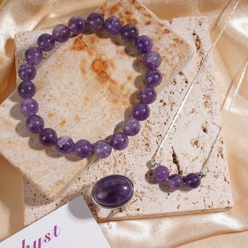 مجموعات مجوهرات أرجوانية 3PS للنساء، سوار الجمشت - قلادة - مجموعة خواتم، 8 مم كريستالات شفاء أساور مطرزة بحجر ميلاد فبراير حلقات كريستال قابلة للتعديل، هدايا ملهمة للنساء in Kuwait