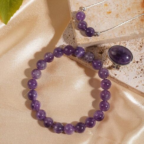 مجموعات مجوهرات أرجوانية 3PS للنساء، سوار الجمشت - قلادة - مجموعة خواتم، 8 مم كريستالات شفاء أساور مطرزة بحجر ميلاد فبراير حلقات كريستال قابلة للتعديل، هدايا ملهمة للنساء in Kuwait