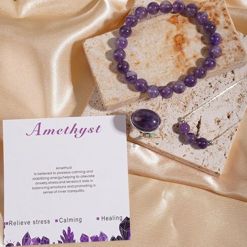 مجموعات مجوهرات أرجوانية 3PS للنساء، سوار الجمشت - قلادة - مجموعة خواتم، 8 مم كريستالات شفاء أساور مطرزة بحجر ميلاد فبراير حلقات كريستال قابلة للتعديل، هدايا ملهمة للنساء in Kuwait