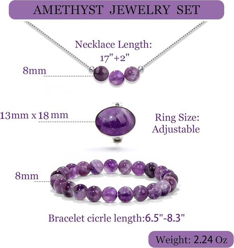 مجموعات مجوهرات أرجوانية 3PS للنساء، سوار الجمشت - قلادة - مجموعة خواتم، 8 مم كريستالات شفاء أساور مطرزة بحجر ميلاد فبراير حلقات كريستال قابلة للتعديل، هدايا ملهمة للنساء in Kuwait