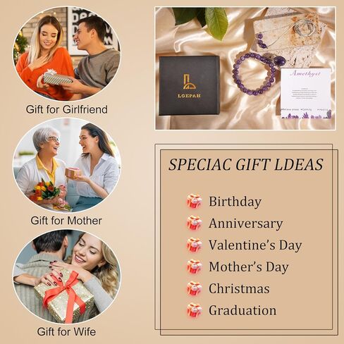 مجموعات مجوهرات أرجوانية 3PS للنساء، سوار الجمشت - قلادة - مجموعة خواتم، 8 مم كريستالات شفاء أساور مطرزة بحجر ميلاد فبراير حلقات كريستال قابلة للتعديل، هدايا ملهمة للنساء in Kuwait