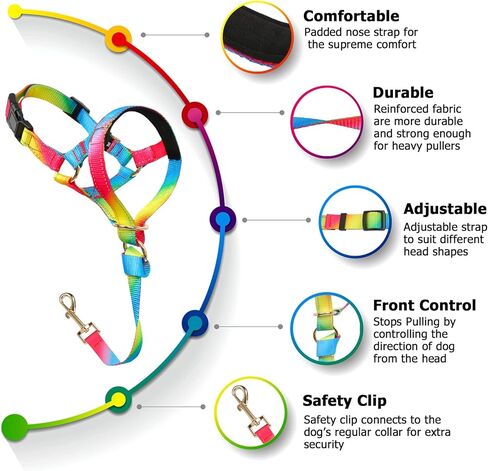 طوق رأس الكلب بألوان قوس قزح يمنع الكلاب المتوسطة والكبيرة من سحب المقود للمشي (قوس قزح، M) in Kuwait
