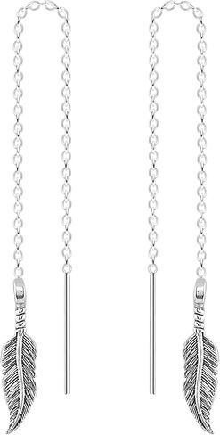 Threader Chain Earrings in 925 Sterling Silver | Thread Through Jewelry for Women and Girls | Multiple Designs Available (Bohemian Feathers) in Saudi Arabia