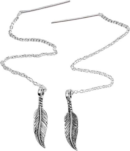 Threader Chain Earrings in 925 Sterling Silver | Thread Through Jewelry for Women and Girls | Multiple Designs Available (Bohemian Feathers) in Saudi Arabia