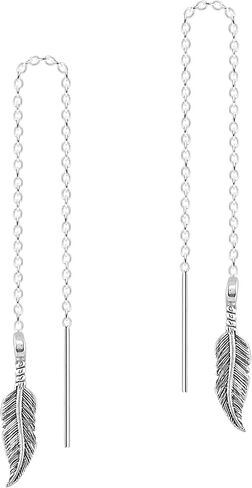Threader Chain Earrings in 925 Sterling Silver | Thread Through Jewelry for Women and Girls | Multiple Designs Available (Bohemian Feathers) in Saudi Arabia
