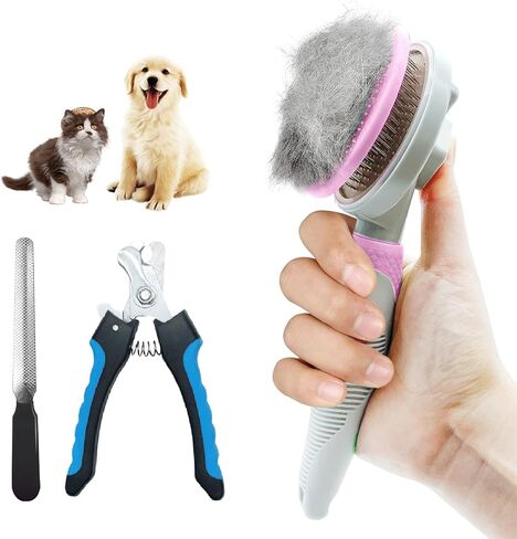 3PCS Cat Grooming Kit,Cat Brushes for indoor Cats with Cat Nail Clipper & Nail File,Self Cleaning Slicker Brush for Dogs & Cats(Green) in Saudi Arabia