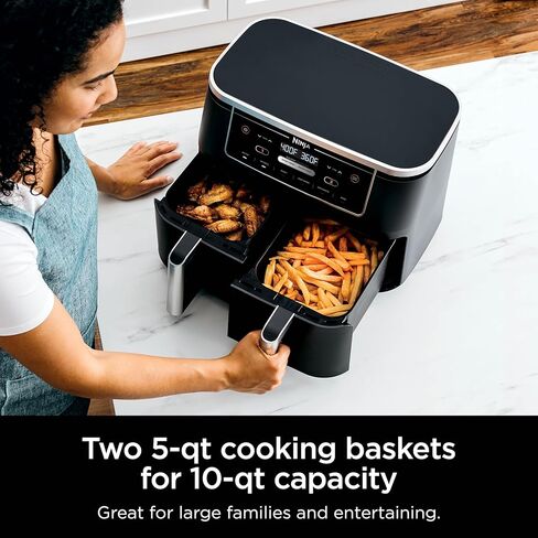 Ninja DZ302 Foodi 10-qt. 6-in-1 DualZone Smart XL Air Fryer with 2 Independent Baskets, Match Cook & Smart Finish to Air Fry, Air Broil, Roast, Bake, Dehydrate, & Keep Warm, Black in Saudi Arabia