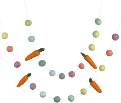 عيد الفصح الجزر فيلت إكليل - سلسلة بطول 6 أقدام مع 25 شكل قابل للتعديل - كرات 1 بوصة، جزر 3.25 بوصة - 100% صوف - قوس قزح باستيل - لافتة عباءة زنبركية، ديكور أرنب على الرف، فكرة هدية مصنوعة يدويًا صديقة للبيئة in Kuwait