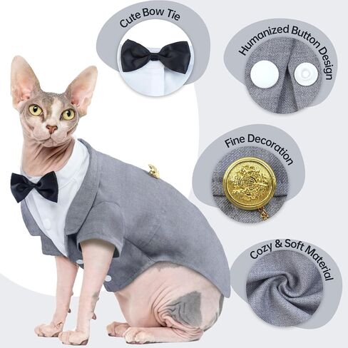 Bonaweite Cat Tuxedo Suit, Sphynx Cat Tuxedo Outfit Costume with Bow Tie, Cat Halloween Costumes for Cats Only, Kitten Formal Attire Wedding Birthday Onesie Clothes for Male Girl Hairless Cats in Saudi Arabia