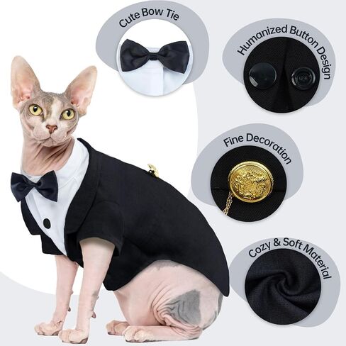 Bonaweite Cat Tuxedo Suit, Sphynx Cat Tuxedo Outfit Costume with Bow Tie, Cat Halloween Costumes for Cats Only, Kitten Formal Attire Wedding Birthday Onesie Clothes for Male Girl Hairless Cats in Saudi Arabia