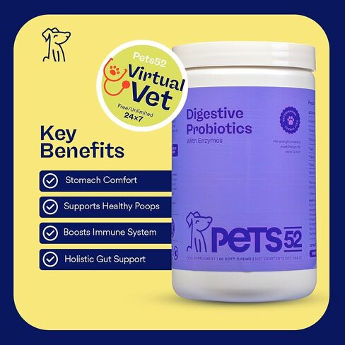 Pets 52 - Digestive Dog Probiotics with Enzymes - Supports Healthy Gut Flora, Boosts Immune System, Promotes Stomach Comfort, Vet-Strength Formula for Improved Digestion - 30-Day Results in Saudi Arabia