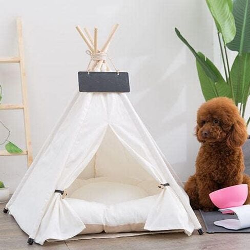 Pet Teepee with Soft Cushion for Dogs, Cats, Rabbits and Puppies, Portable Pet Tent, White Dog Tent. Pet House with Bed, Washable Dog Teepee, Portable Dog House (White) in Kuwait