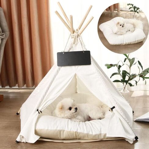 Pet Teepee with Soft Cushion for Dogs, Cats, Rabbits and Puppies, Portable Pet Tent, White Dog Tent. Pet House with Bed, Washable Dog Teepee, Portable Dog House (White) in Kuwait