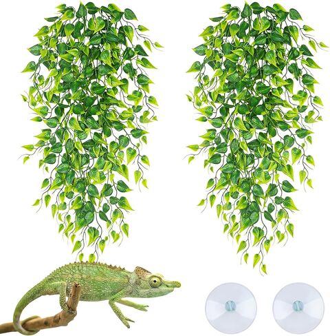 Reptile Tank Accessories Terrarium Plants, 2 Pack Reptile Hanging Plants Faux Leaves Reptile Hide with Suction Cup, Bearded Dragon Tank Accessories for Leopard Gecko Lizard Snake Chameleon in Kuwait