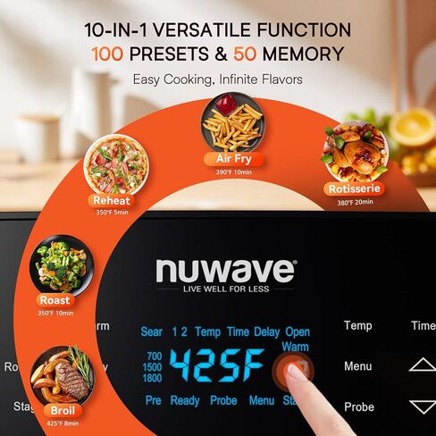 Nuwave Brio 15.5Qt 10-IN-1 Air Fryer Rotisserie Oven, XL Family Size, Even & Crisp AirFry, Reheat, Roast, Dehydrate for Quick Meals, 50°-425°F Control, 100 Presets & 50 Memory, Dishwasher-Safe, 1800W in Saudi Arabia