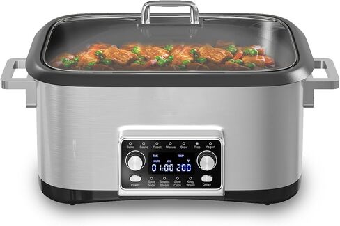 طباخ متعدد 8 كوارت 12 في 1، طباخ بطيء رقمي قابل للبرمجة مع شاشة LED ومؤقت، جهاز طهي الأرز بقدرة 1250 وات مع وعاء داخلي غير لاصق للخبز، والقلي، والتحميص، والحساء، والفيديو، وآمن للاستخدام في غسالة الأطباق، فضي in Kuwait