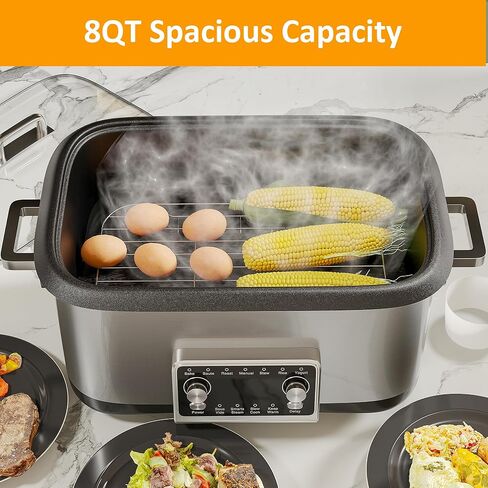 طباخ متعدد 8 كوارت 12 في 1، طباخ بطيء رقمي قابل للبرمجة مع شاشة LED ومؤقت، جهاز طهي الأرز بقدرة 1250 وات مع وعاء داخلي غير لاصق للخبز، والقلي، والتحميص، والحساء، والفيديو، وآمن للاستخدام في غسالة الأطباق، فضي in Kuwait