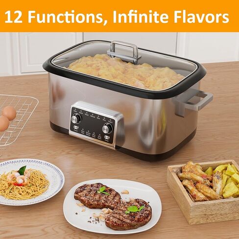 طباخ متعدد 8 كوارت 12 في 1، طباخ بطيء رقمي قابل للبرمجة مع شاشة LED ومؤقت، جهاز طهي الأرز بقدرة 1250 وات مع وعاء داخلي غير لاصق للخبز، والقلي، والتحميص، والحساء، والفيديو، وآمن للاستخدام في غسالة الأطباق، فضي in Kuwait