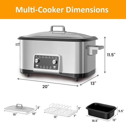 طباخ متعدد 8 كوارت 12 في 1، طباخ بطيء رقمي قابل للبرمجة مع شاشة LED ومؤقت، جهاز طهي الأرز بقدرة 1250 وات مع وعاء داخلي غير لاصق للخبز، والقلي، والتحميص، والحساء، والفيديو، وآمن للاستخدام في غسالة الأطباق، فضي in Kuwait