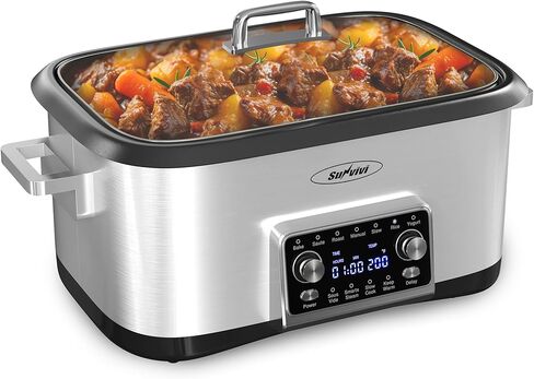 Sunvivi 8 Quart Slow Cooker, 12 in 1 programmable Multi-Cooker Food Warmer with Digital Timer, Temp Control, Removable Cast Aluminum Pot & Dishwasher-Safe Tempered Glass Lid, Stainless Steel in Kuwait