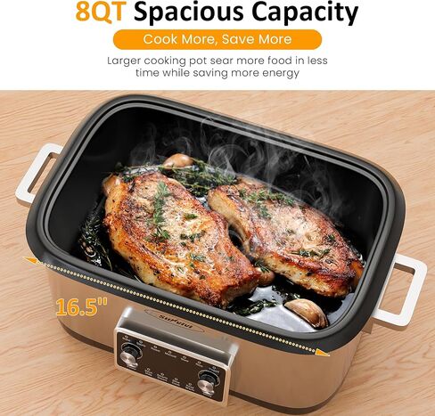 Sunvivi 8 Quart Slow Cooker, 12 in 1 programmable Multi-Cooker Food Warmer with Digital Timer, Temp Control, Removable Cast Aluminum Pot & Dishwasher-Safe Tempered Glass Lid, Stainless Steel in Kuwait