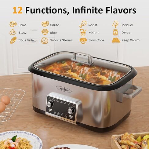 Sunvivi 8 Quart Slow Cooker, 12 in 1 programmable Multi-Cooker Food Warmer with Digital Timer, Temp Control, Removable Cast Aluminum Pot & Dishwasher-Safe Tempered Glass Lid, Stainless Steel in Kuwait